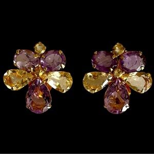 Vintage Signed Bounkit 14K Gold Plated Clip Earrings With Amethyst And Citrine